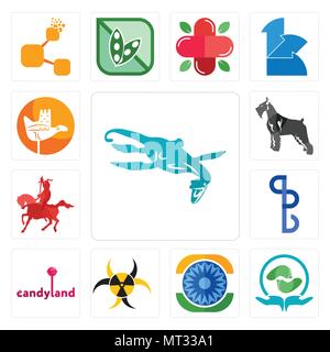 Set Of 13 simple editable icons such as loch ness monster, acupressure, ashok chakra, quarantine, candyland, bs, knight on horseback, schnauzer, chand Stock Vector