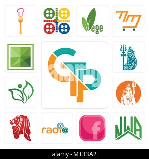 Set Of 13 simple editable icons such as gtp, nwa, pink fb, , singapore lion, shiv, leaf, lord shiva, sqaure can be used for mobile, web UI Stock Vector