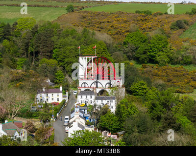 Great Laxey Waterwheel called Lady Isabella the largest working waterwheel in the world Laxey Isle of Man viewed from Snaefell Mountain Railway Stock Photo