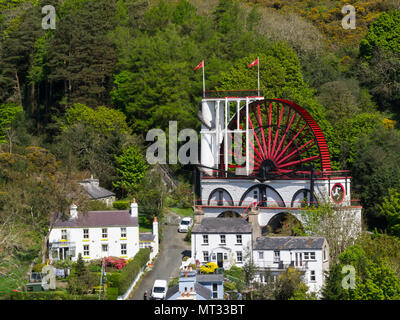 Great Laxey Waterwheel called Lady Isabella the largest working waterwheel in the world Laxey Isle of Man viewed fron the Snaefell Mountain Railway Stock Photo