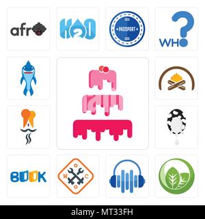 Set Of 13 simple editable icons such as cake company, leaf, audio visual, working class, book, milk indian restaurant, hearth, shark mascot can be use Stock Vector