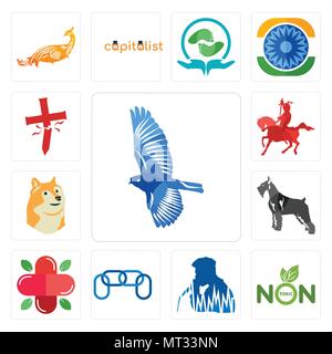 Set Of 13 simple editable icons such as bird, non toxic, beatbox, chainlink, farmacy, schnauzer, doge, knight on horseback, antichrist can be used for Stock Vector