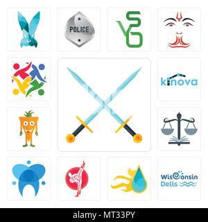 Set Of 13 simple editable icons such as excalibur, wisconsin dells, liquid nitro, karate, dental, naacp, mascot, kinova, unity can be used for mobile, Stock Vector