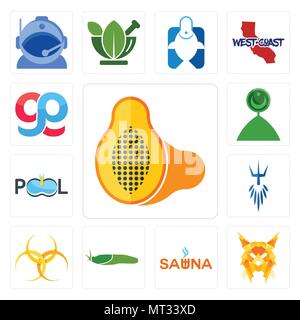 Set Of 13 simple editable icons such as papaya, lynx, sauna, slug, hazardous waste, poseidon, pool company, muslim crescent, gg can be used for mobile Stock Vector