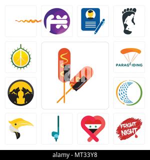 Set Of 13 simple editable icons such as corn dog, fright night, syria, , hornbill, general trading, pack wolf, paragliding, durian can be used for mob Stock Vector