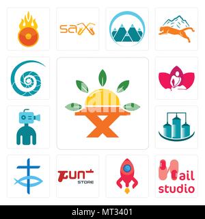 Set Of 13 simple editable icons such as farm to table, nail studio, rocketship, gun store, christian fish, silo, cameraman, massage therapist, nautilu Stock Vector
