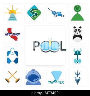 Set Of 13 simple editable icons such as pool company, poseidon, twister, astronaut helmet, streetbrush, viking, fishing store, panda mascot, west coas Stock Vector