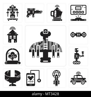 Set Of 13 simple editable icons such as Drone, Car, Rocket, Stethoscope, Panoramic view, Robot, Tree, Hoverboard, Smart house can be used for mobile,  Stock Vector