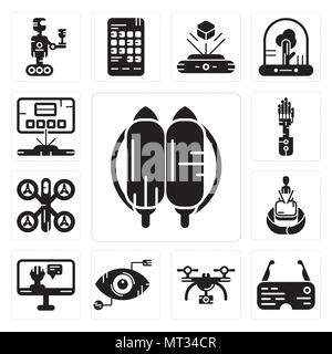 Set Of 13 simple editable icons such as Jetpack, Ar glasses, Drone, Eye scan, Artificial intelligence, Hologram, Mechanical arm, Hologram can be used  Stock Vector