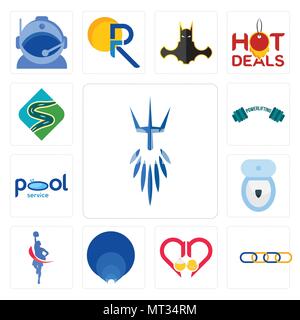 Set Of 13 simple editable icons such as poseidon, supply chain, senior care, golden ratio, cheerleader, toilet bowl, pool service, powerlifting, windi Stock Vector