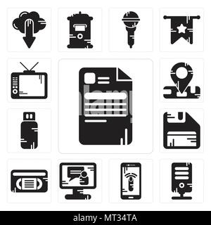 Set Of 13 simple editable icons such as File, Server, Smartphone, Video call, Vhs, Diskette, Pendrive, Location, Television can be used for mobile, we Stock Vector