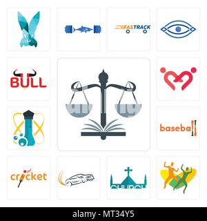 Set Of 13 simple editable icons such as naacp, , church, drift, cricket, baseball, science, friendship, bull can be used for mobile, web UI Stock Vector