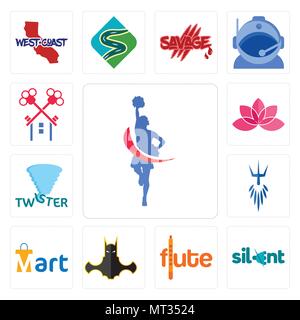 Set Of 13 simple editable icons such as cheerleader, silent, flute, bat man, mart, poseidon, twister, lotos, can be used for mobile, web UI Stock Vector
