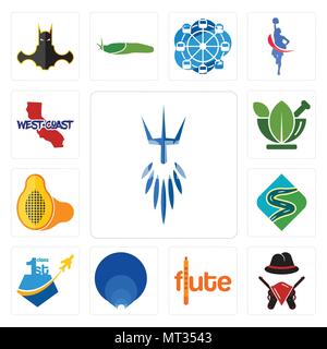 Set Of 13 simple editable icons such as poseidon, outlaws, flute, golden ratio, , winding road, papaya, ayurvedic, west coast can be used for mobile,  Stock Vector