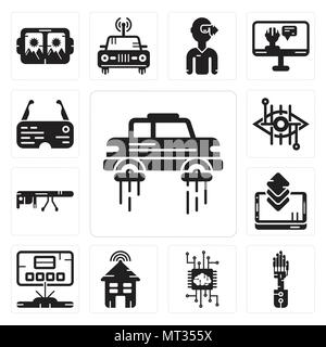 Set Of 13 simple editable icons such as Flying car, Mechanical arm, Artificial intelligence, Smart house, Hologram, Smartphone, Google glasses, Bionic Stock Vector