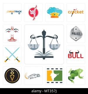Set Of 13 simple editable icons such as naacp, big frog, bollywood, drift, luxury, bull, excalibur, generic police, anjaneya can be used for mobile, w Stock Vector