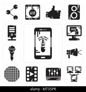 Set Of 13 simple editable icons such as Smartphone, Network, Levels, Video player, Grid, Protest, Microphone, call, Server can be used for mobile, web Stock Vector