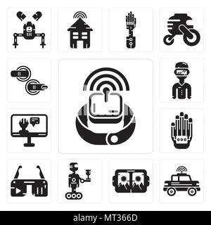 Set Of 13 simple editable icons such as Smartwatch, Car, Vr glasses, Robot, Ar Wi gloves, Artificial intelligence, Oculus rift, Teleportation can be u Stock Vector
