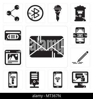 Set Of 13 simple editable icons such as Email, Video call, Smartphone, Server, Pencil, Browser, Vhs can be used for mobile, web UI Stock Vector