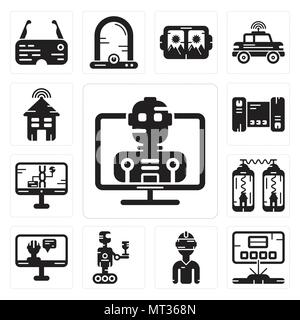 Set Of 13 simple editable icons such as Robot, Hologram, Vr glasses, Artificial intelligence, Teleportation, Dna structure, Smartphone, Smart house ca Stock Vector