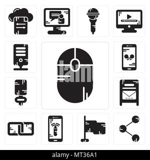 Set Of 13 simple editable icons such as Mouse, Share, Flag, Smartphone, Link, Mailbox, Microphone, Server can be used for mobile, web UI Stock Vector