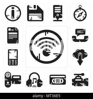 Set Of 13 simple editable icons such as Wifi, Video camera, Vhs, Headphones, Camcorder, Cloud computing, Mobile phone, Phone call, File can be used fo Stock Vector