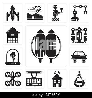 Set Of 13 simple editable icons such as Jetpack, Hologram, Smart house, Keyboard, Drone, Flying car, Tree, Jet pack, Eco house can be used for mobile, Stock Vector