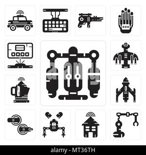Set Of 13 simple editable icons such as Jet pack, Industrial robot, Smart house, Robot, Teleportation, Rocket, Kettle, Drone, Hologram can be used for Stock Vector
