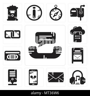 Set Of 13 simple editable icons such as Phone call, Headphones, Email, Smartphone, Server, Mailbox, Vhs, File transfer, Link can be used for mobile, w Stock Vector