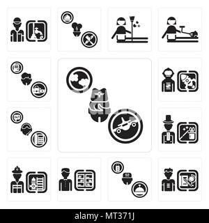 Set Of 13 simple editable icons such as Stewardess, Student, Concierge, Librarian, Firefighter, Magician, Support, Spaceman, Manager can be used for m Stock Vector