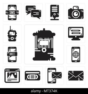 Set Of 13 simple editable icons such as Mailbox, Email, Smartphone, Vhs, Browser, Monitor, Walkie talkie can be used for mobile, web UI Stock Vector