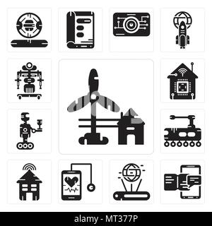 Set Of 13 simple editable icons such as Eolic energy, Smartphone, Hologram, Stethoscope, Smart house, Tank, Robot, home, Robot can be used for mobile, Stock Vector