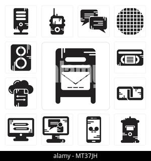 Set Of 13 simple editable icons such as Mailbox, Smartphone, Video call, Monitor, Link, File transfer, Vhs, Speaker can be used for mobile, web UI Stock Vector