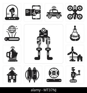 Set Of 13 simple editable icons such as Robot, Cooker, Jetpack, Smart house, Eolic energy, Kettle, Hologram, Hologram can be used for mobile, web UI Stock Vector