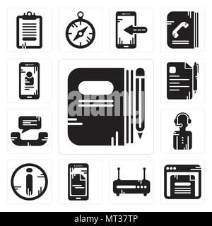 Set Of 13 simple editable icons such as Book, Browser, Router, Smartphone, Info, News reporter, Phone call, File, Smartphone can be used for mobile, w Stock Vector