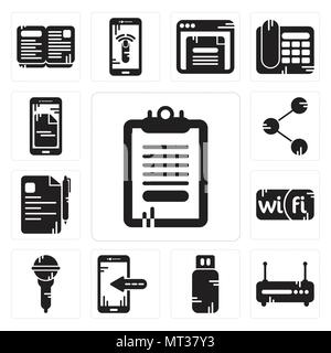 Set Of 13 simple editable icons such as Clipboard, Router, Pendrive, Smartphone, Microphone, Wifi, File, Share, Smartphone can be used for mobile, web Stock Vector