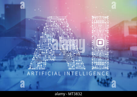 Artificial Intelligence technology double exposure with AI text made of electronic circuit board and person hand using computer mouse and office build Stock Photo