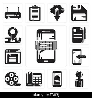 Set Of 13 simple editable icons such as Smartphone, News reporter, Telephone, Film reel, Browser, File, Location can be used for mobile, web UI Stock Vector