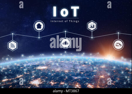 Internet of Things technology with connected network of nodes around planet Earth exhanging data for smart home, industry 4.0, cloud computing, comple Stock Photo