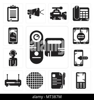 Set Of 13 simple editable icons such as Camcorder, Mobile phone, File, Grid, Router, Smartphone, News reporter, Smartphone can be used for mobile, web Stock Vector