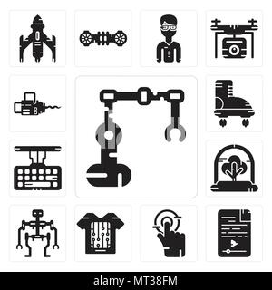 Set Of 13 simple editable icons such as Industrial robot, Audio file, Tap, Smart clothing, Robot, Tree, Keyboard, Boots, Chainsaw can be used for mobi Stock Vector