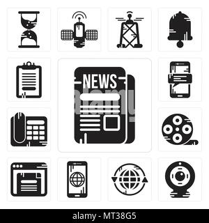 Set Of 13 simple editable icons such as Newspaper, Webcam, Earth grid, Smartphone, Browser, Film reel, Telephone, Clipboard can be used for mobile, we Stock Vector