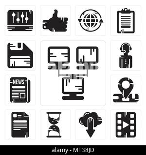 Set Of 13 simple editable icons such as Network, Video player, Cloud computing, Hourglass, File, Location, Newspaper, News reporter, Diskette can be u Stock Vector