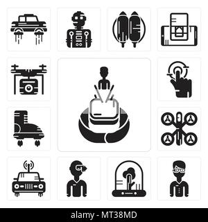 Set Of 13 simple editable icons such as Hologram, Google glasses, Tree, Vr Car, Drone, Boots, Tap, Drone can be used for mobile, web UI Stock Vector