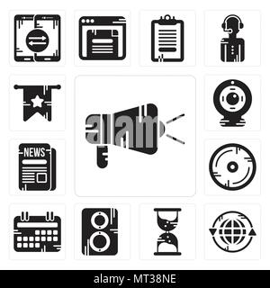 Set Of 13 simple editable icons such as Protest, Earth grid, Hourglass, Speaker, Calendar, Compact disc, Newspaper, Webcam, Banner can be used for mob Stock Vector