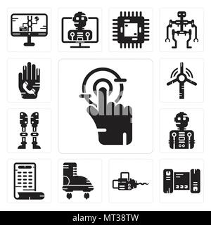 Set Of 13 simple editable icons such as Tap, Smartphone, Chainsaw, Boots, Robot, Prosthesis, Windmill, Phone call can be used for mobile, web UI Stock Vector