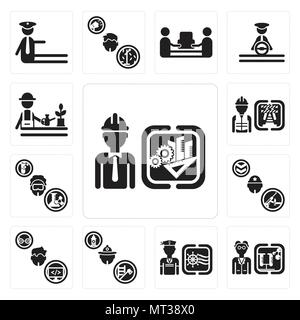Set Of 13 simple editable icons such as Engineer, Scientist, Sailor, Firefighter, Programmer, Soldier, Chemist, Worker, Gardener can be used for mobil Stock Vector