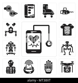 Set Of 13 simple editable icons such as Stethoscope, Drone, Wi gloves, Smartwatch, Robot, Smart clothing, Robot can be used for mobile, web UI Stock Vector