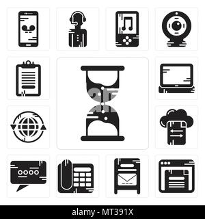 Set Of 13 simple editable icons such as Hourglass, Browser, Mailbox, Telephone, Chat, File transfer, Earth grid, Laptop, Clipboard can be used for mob Stock Vector
