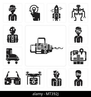 Set Of 13 simple editable icons such as Chainsaw, Google glasses, Humanoid, Drone, Ar Augmented reality, Boots, Oculus rift, Robot can be used for mob Stock Vector